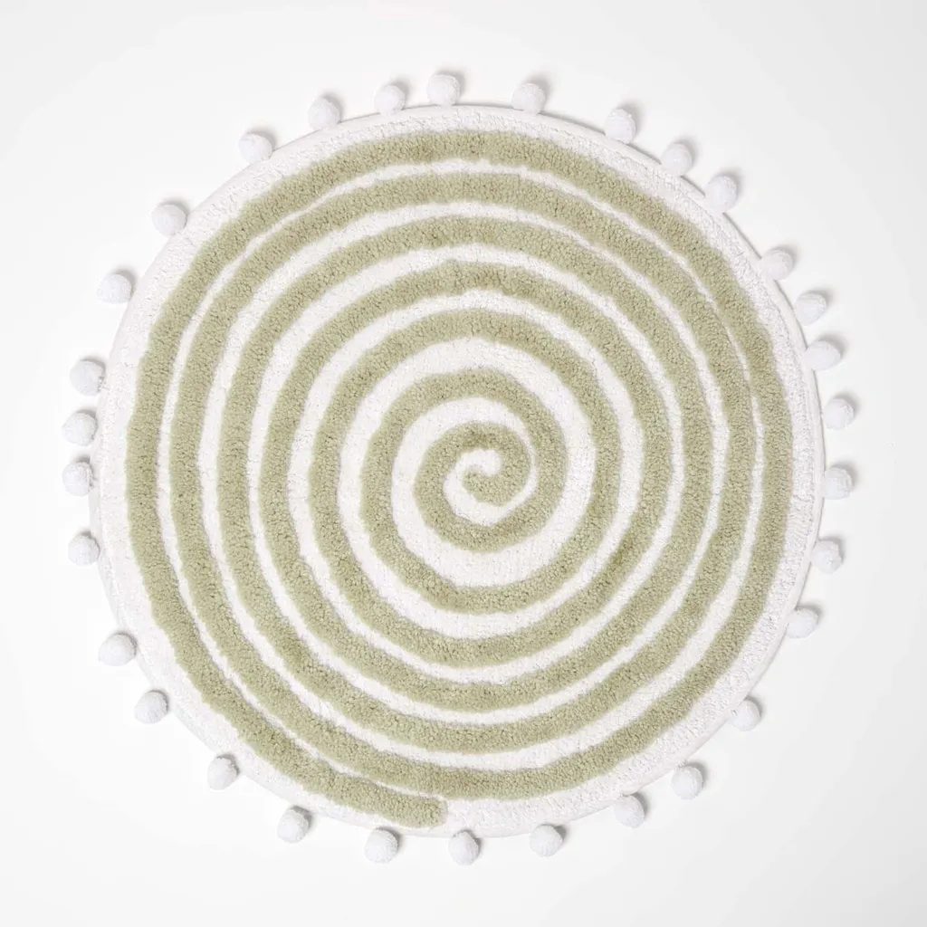 Tapis de bain matelassé spirale vert et blanc, coton doux avec pompons