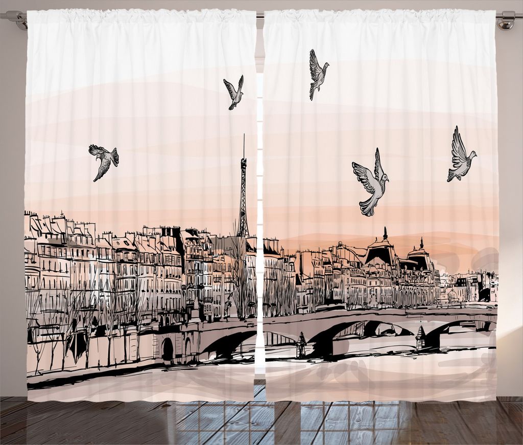 ABAKUHAUS Paris Rustikaler Vorhang, Skizze des Eiffelturms, Wohnzimmer Universalband Gardinen mit Schlaufen und Haken, 280 x 245 cm, Peach Grau