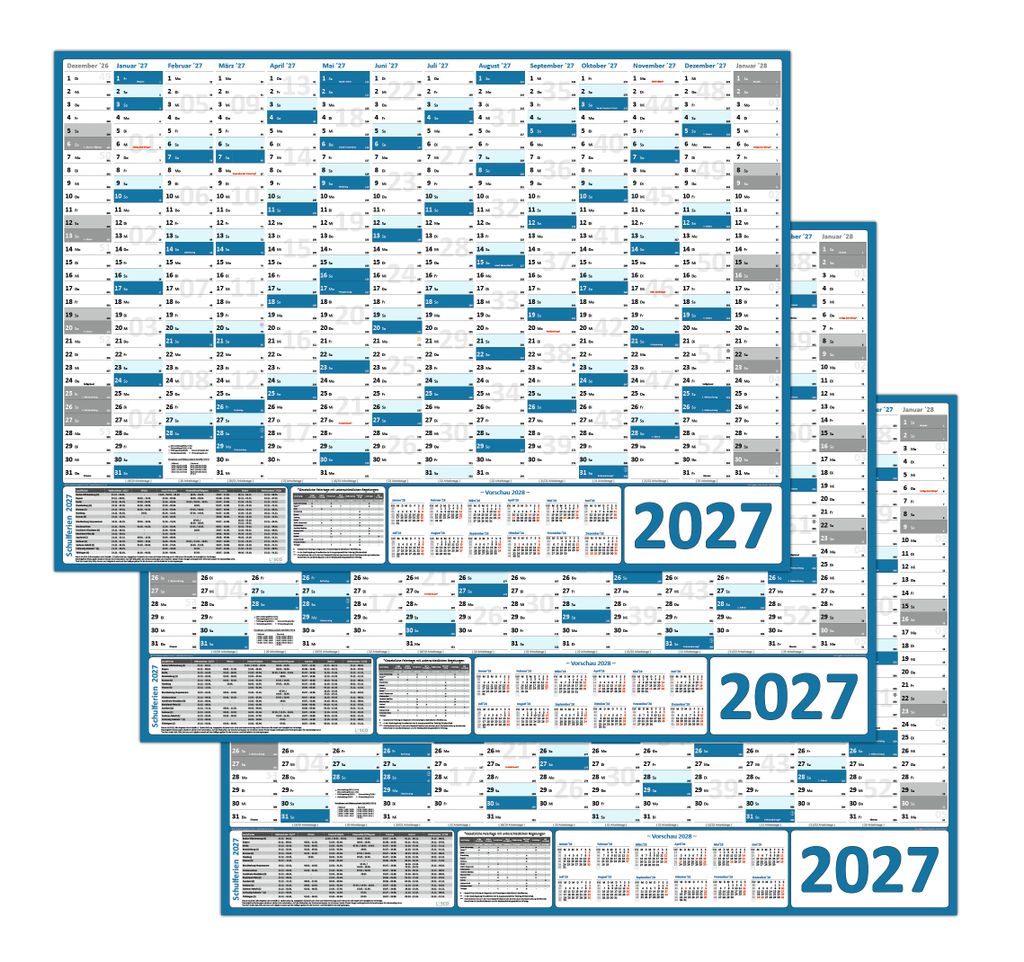 3 Stück XXL Wandkalender Wandplaner 2027 blau (gerollt) DIN A0 Format (841 x 1189 mm) 14 Monate, komplette Jahresvorschau Folgejahr und Ferienterm...