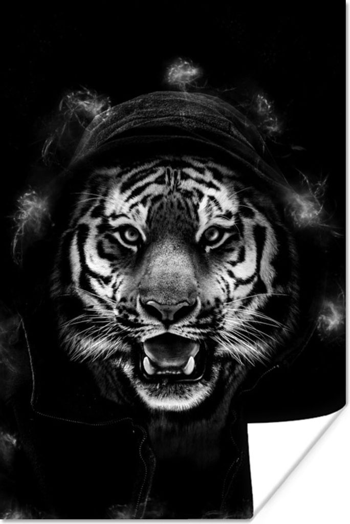 MuchoWow Poster Tiger mit Kapuze zwischen Lichtern auf schwarzem Hintergrund - schwarz und weiß 40x60 cm - Plakate für die Wand - Poster Babyzi...