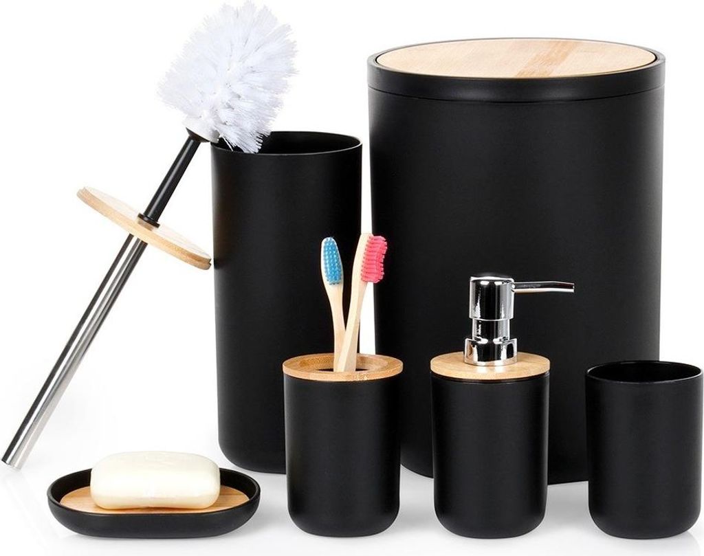 Badezimmer-Set: Becher, Toilettenbürste, Abfalleimer, Seifenspender, Ständer