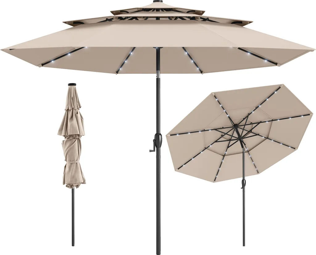 COSTWAY Parasol 300cm avec Éclairage LED Solaire et Manivelle Beige