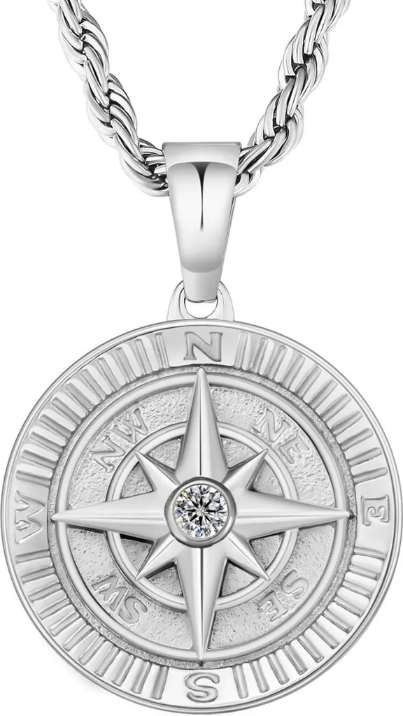 Pendentif Boussole Homme Inoxydable Ne Noircit Pas Doré 18K Argent