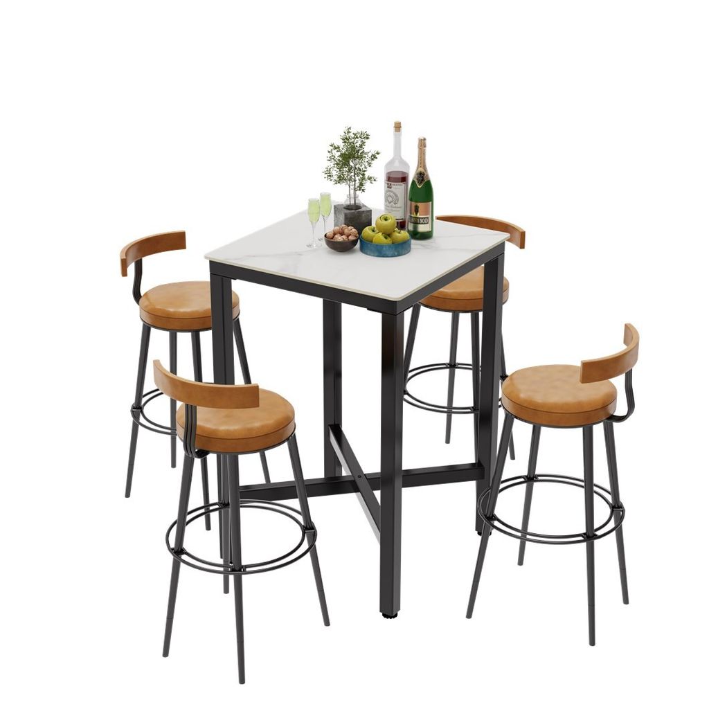 A bar table with four stools on a white background.