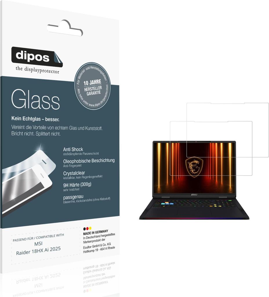 2x Schutzfolie für MSI Raider 18HX Ai 2025 - Anti-Shock 9H Folie dipos Glass Kunststoffglas