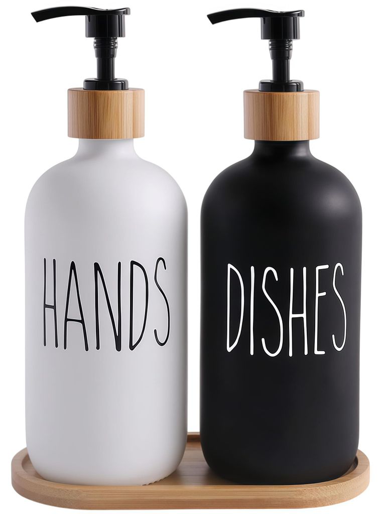Seifenspender-Set aus Glas, 475 ml, schwarz-weißes Seifenspender-Badezimmer-Set mit Ablage, Shampoo-, Lotion- und Handseifenspender für die Arbei...