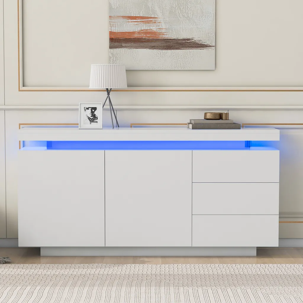 Buffet Bas Blanc Merax LED : Solution de Rangement Moderne pour Salon - 9