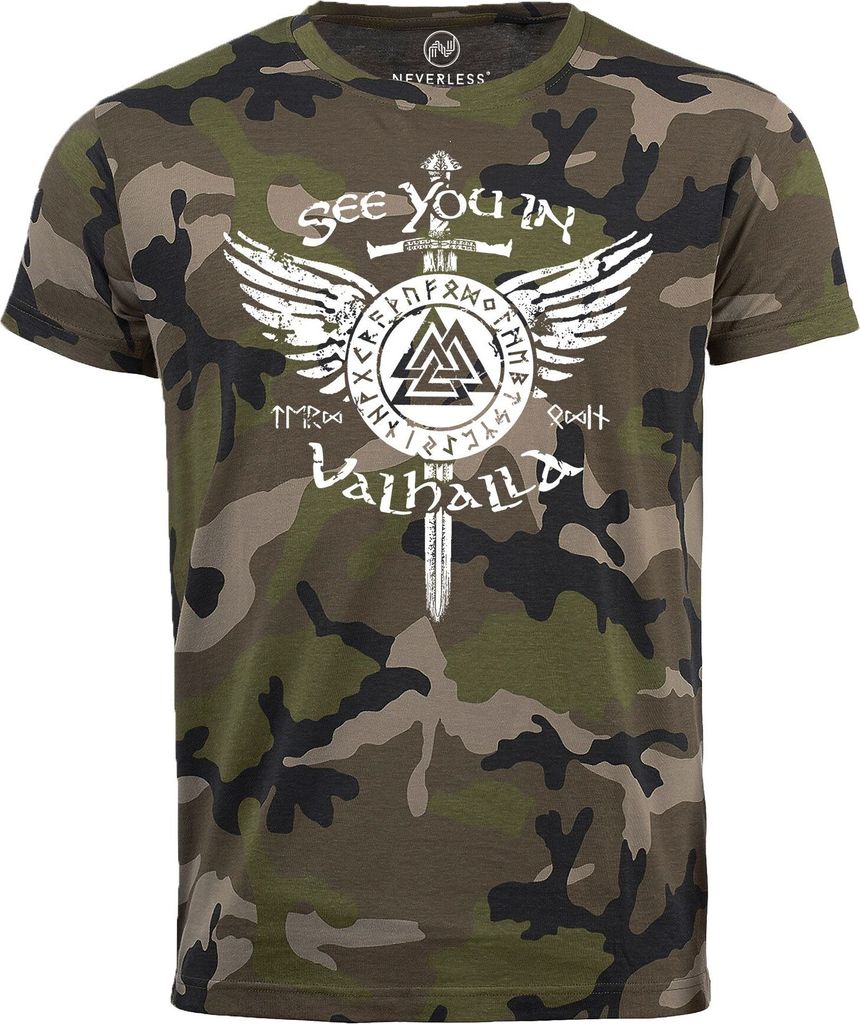 Herren Camo-Shirt See you in Valhalla Schwert Runen Odin Produktbild 