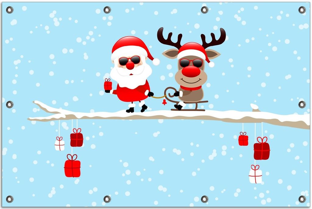 Wallario Outdoor-Poster für Garten oder Balkon, Motiv Cooler Weihnachtsmann mit Rentier auf einem Ast, in ca. 80 x 120 cm