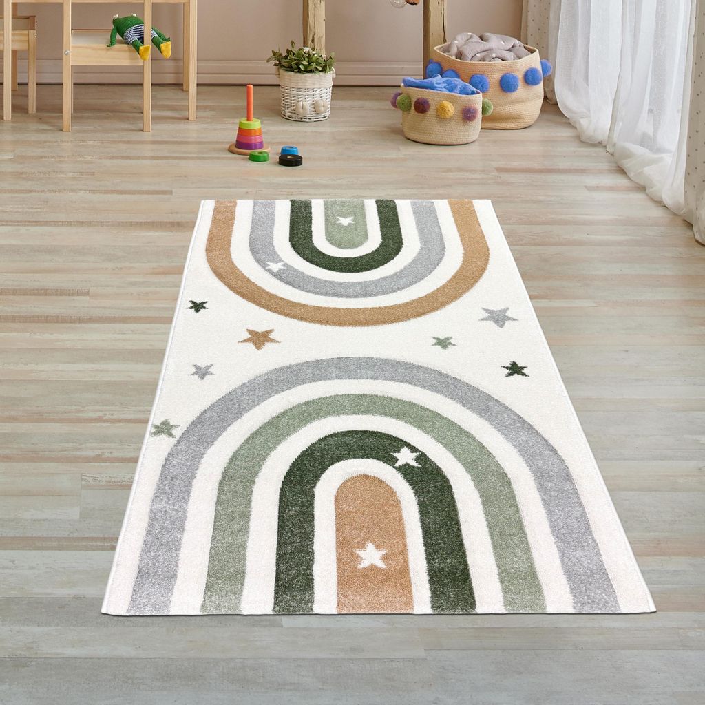 Kinderzimmerteppich Pastelltöne Weich Pflegeleicht mit Regenbogen-Design in creme pastell Größe - 80 x 150 cm