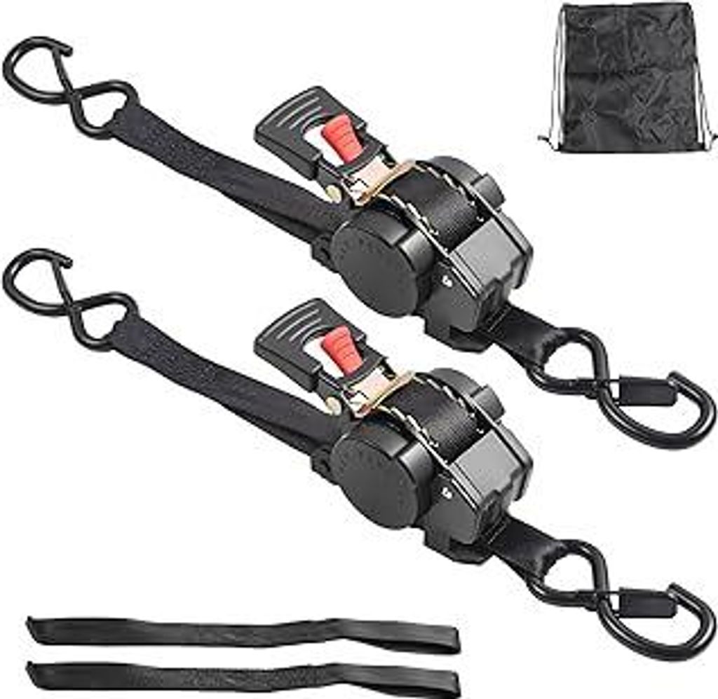 2 Stück Automatik Spanngurt mit 800KG Bruchfestigkeit (2,5cm x 3m) & Schnell Drückbarem Auto-Retract-Knopf (mit Dämpfungseffekt) für LKW, Frach...