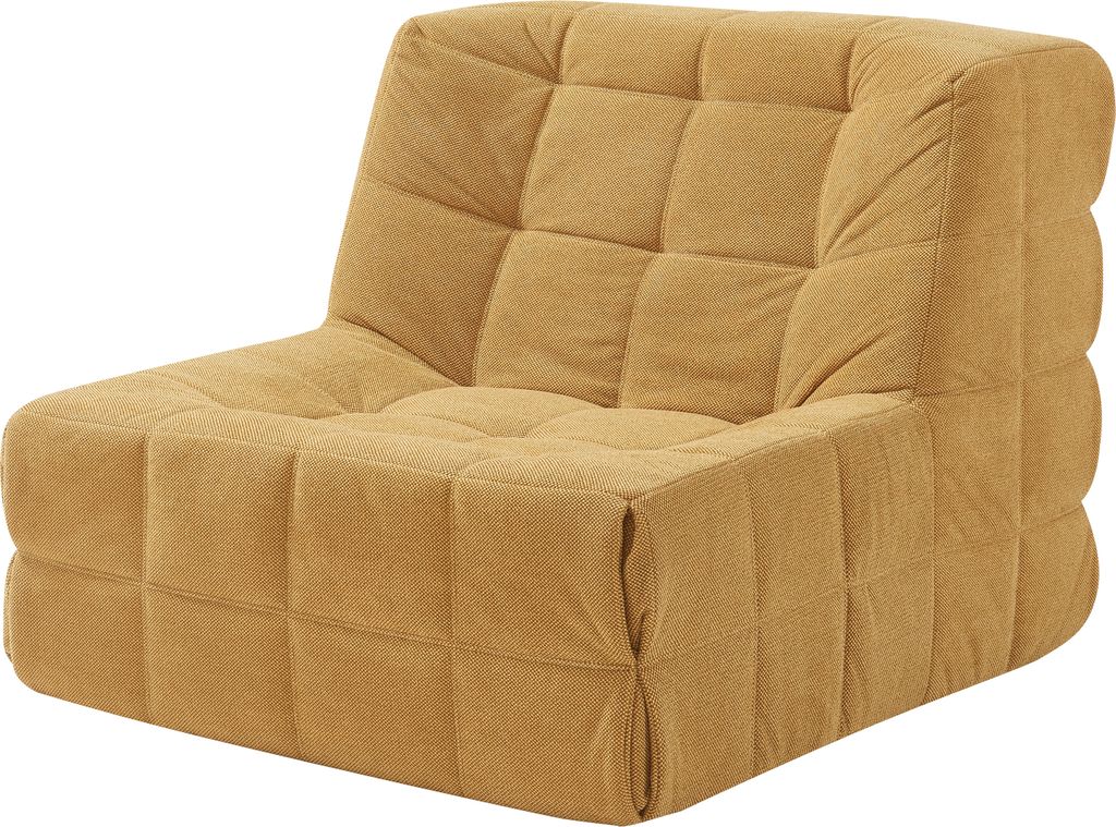 A yellow upholstered floor chair with a tufted design is shown against a white background.