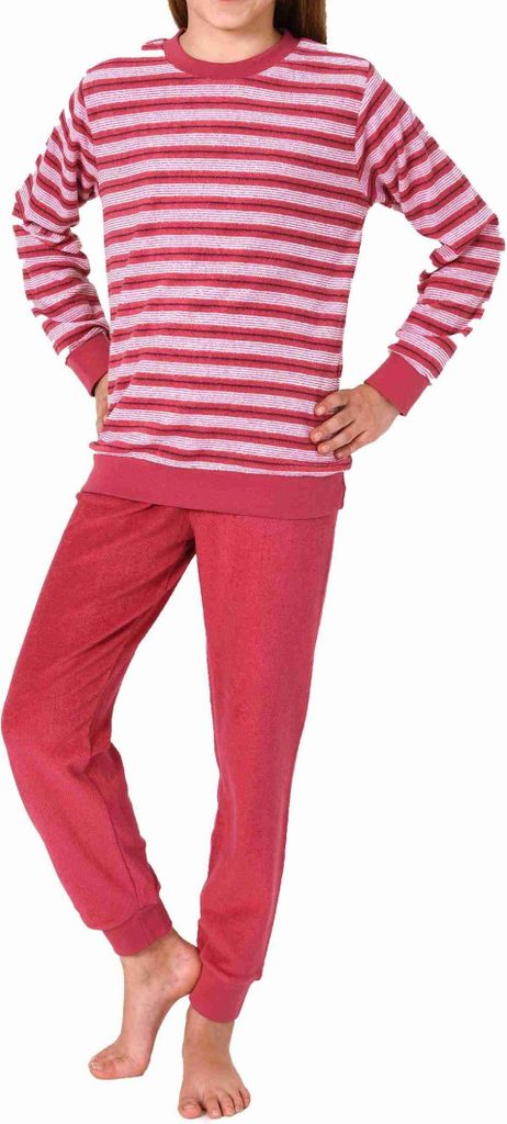 Kuscheliger Mädchen langarm Frottee Schlafanzug Pyjama mit Bündchen in Streifenoptik ; pink , 140