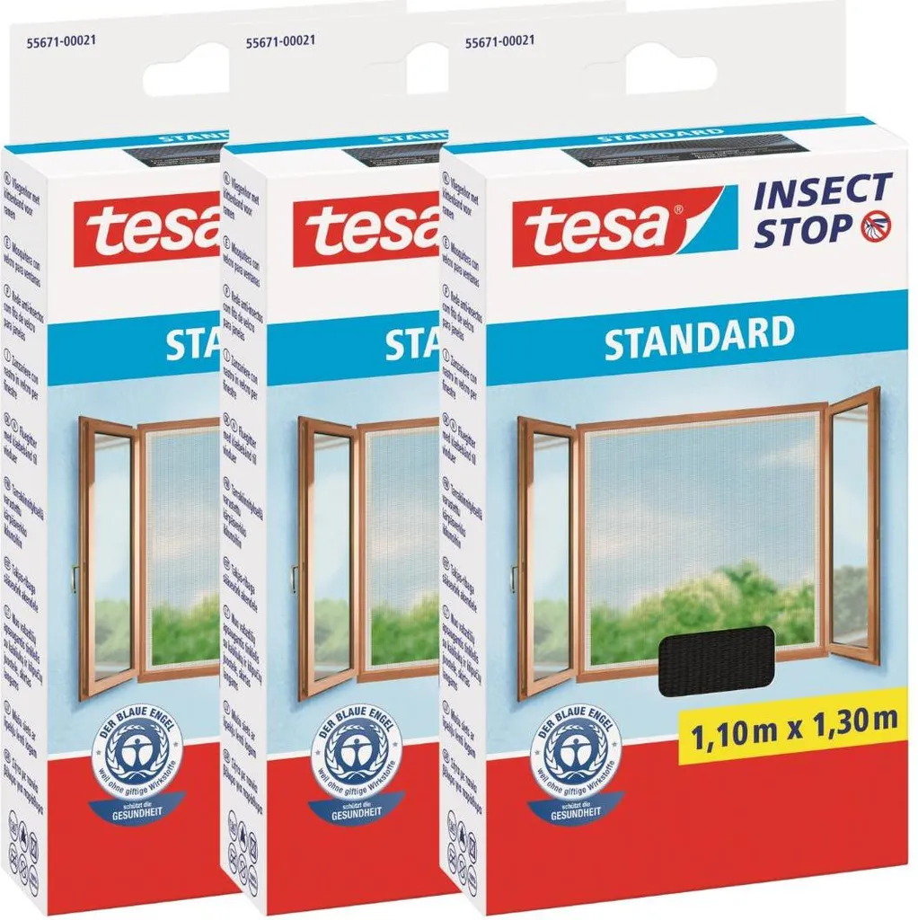 Anti-Moustiques Fenêtre TESA Standard Noir 1,1m x 1,3m - Lot de 3 Filets