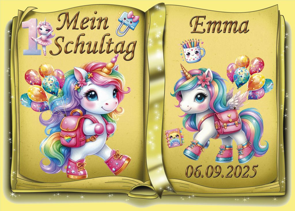 Tortenaufleger Tortendeko Fototorte Tortenbild Einhorn Regenbogen Einschulung Schulanfang 1. Schultag Schuleinführung SE07 (Zuckerpapier) DIN A4 o...