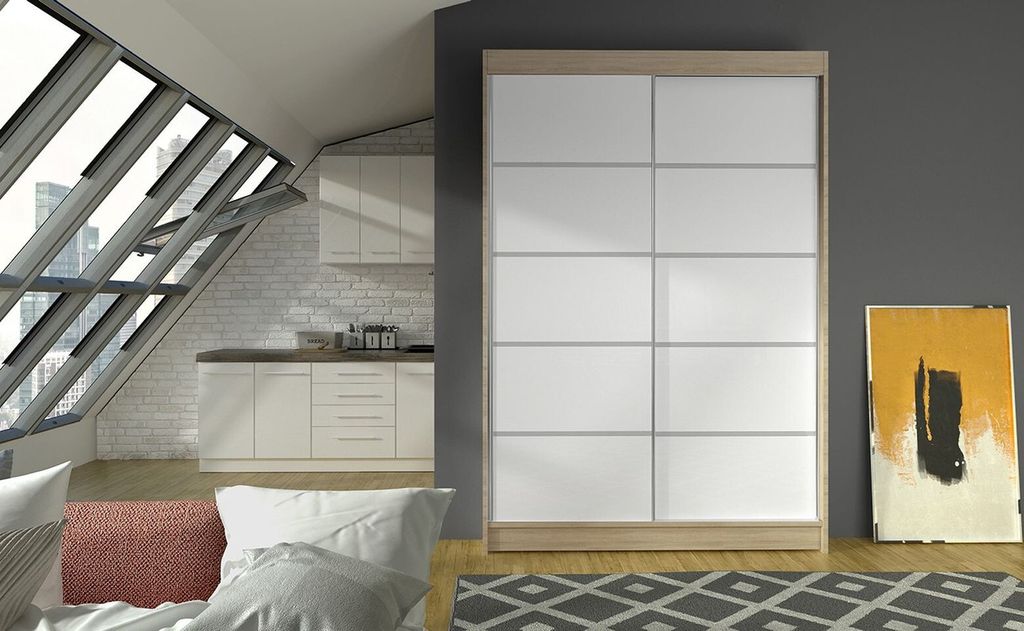 Moderner Kleiderschrank LINH 4 – Breite 120 cm, Sonoma / Weiß