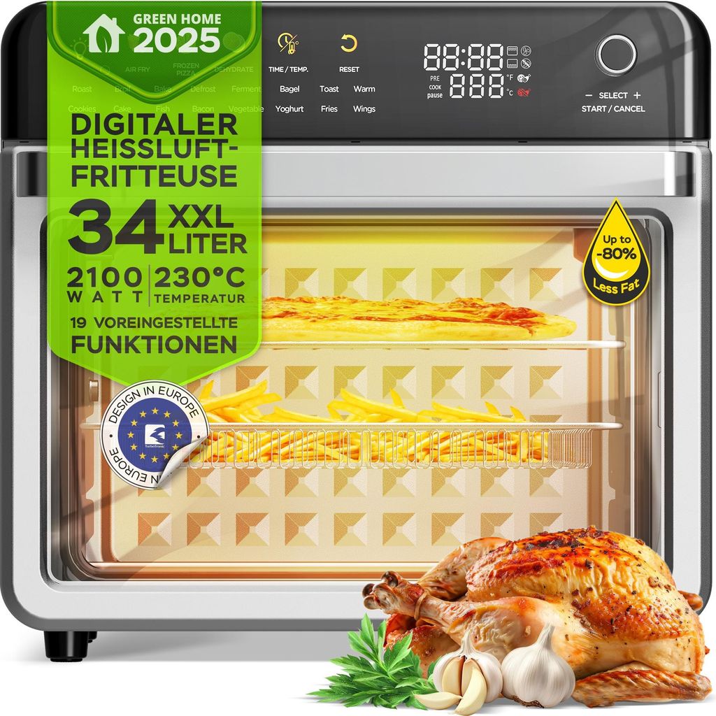 TurboTronic Multi-Smart-Ofen - AFO330 - 19in1 Heißluftofen & Heißluftfritteuse 2100W Power 34L bis 0,5kg Pommes Mini-Backofen mit Dörrfunktion 4...