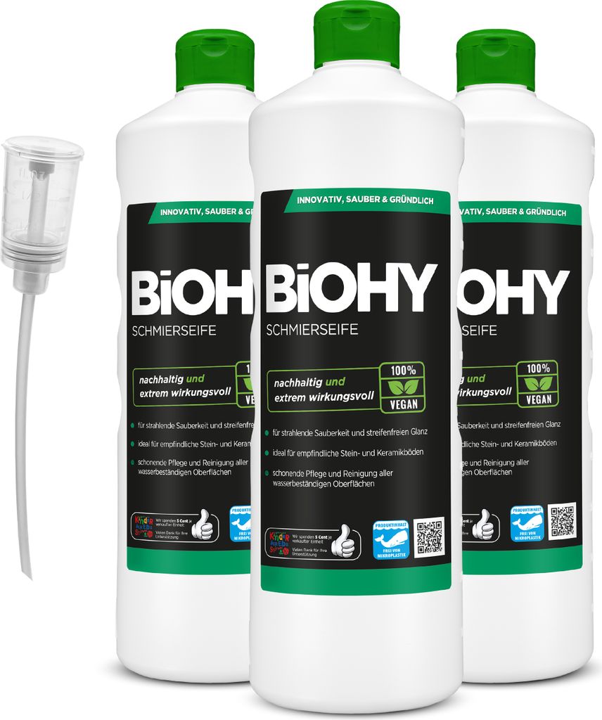 BiOHY Schmierseife (3x1l Flasche) + Dosierer | Fußbodenreiniger KONZENTRAT | Natürliche Inhaltsstoffe | anwendbar auf allen empfindlichen Oberfl...