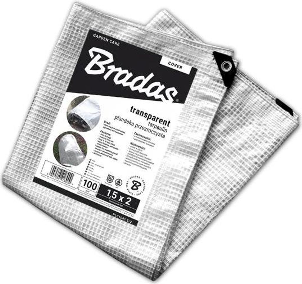 A folded transparent tarp with a label.