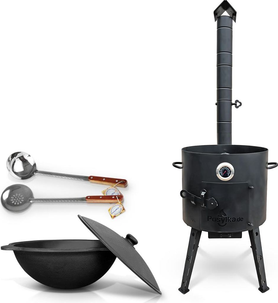 Utschak Uchag Feuerofen 40 cm 2 mm Stahl mit Usbekische Kazan 12 L Schaumlöffel