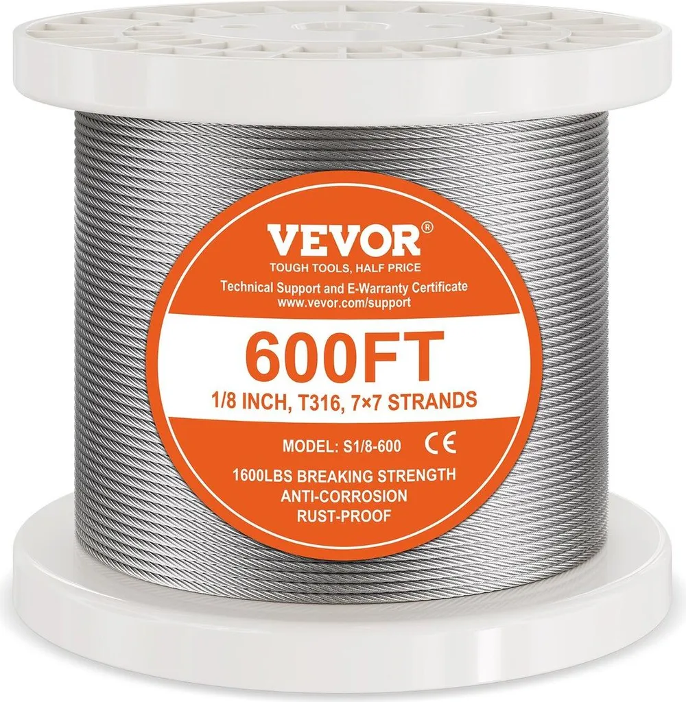 Câble acier inox T316 ultra résistant 1/8" 7x7 bobine 600ft anti-corrosion
