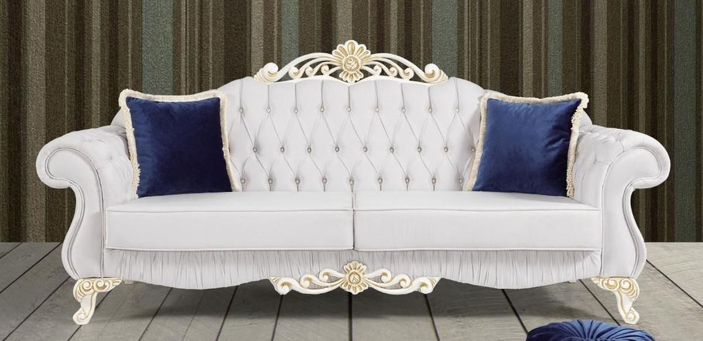 Casa Padrino Barock Sofa Hellgrau / Weiß / Gold 235 x 85 x H. 112 cm - Edles Wohnzimmer Sofa mit Glitzersteinen - Barock Möbel