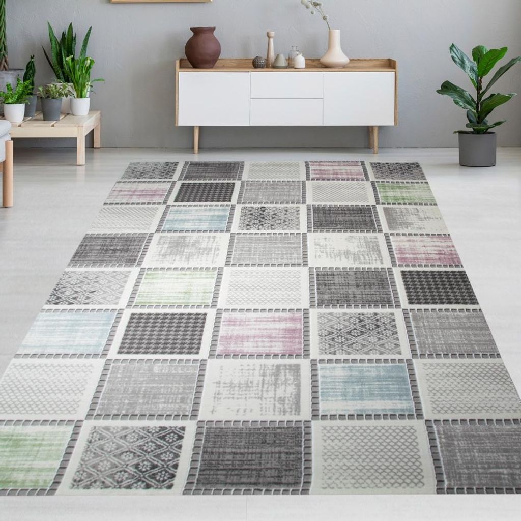 Designteppich mit grafischem Patch-Design Grau mit dezenten Farbakzenten Größe - 80 x 300 cm