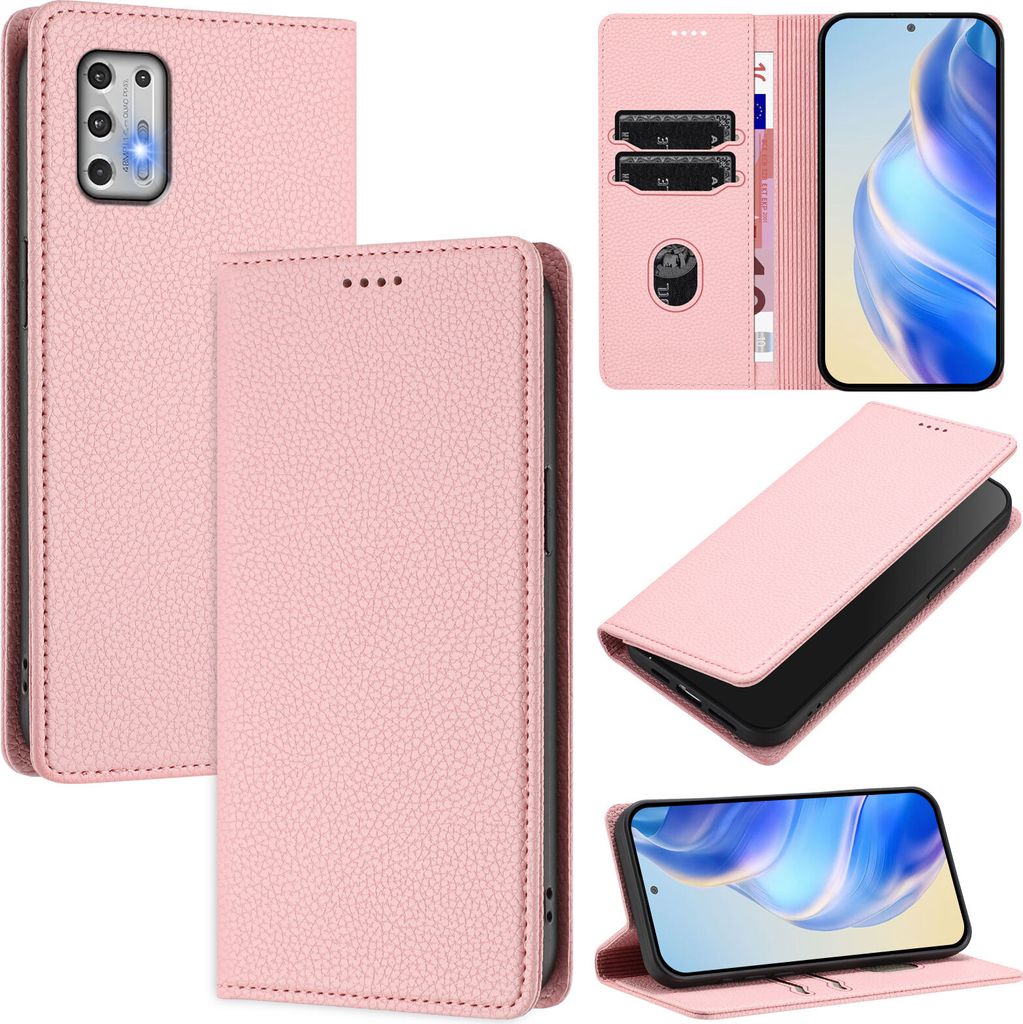 Litchi Leder Handyhülle für Motorola Moto G Stylus 2021 4G Wallet Kartenfächer Standfunktion Hülle Pink