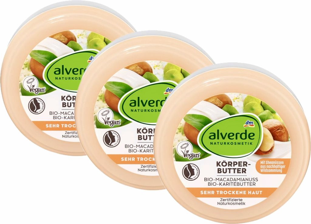 3 x alverde Naturkosmetik - Körperbutter Bio-Macadamianuss & Bio-Karitébutter (3 x 200 ml)