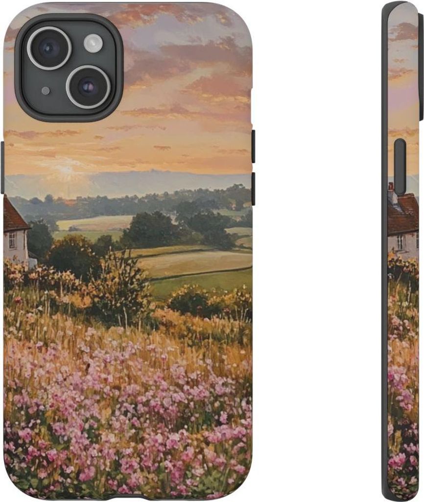 Idyllische Morgenlandschaft mit Häuschen und Blumen – Hülle Kompatibel mit iPhone 15 Plus