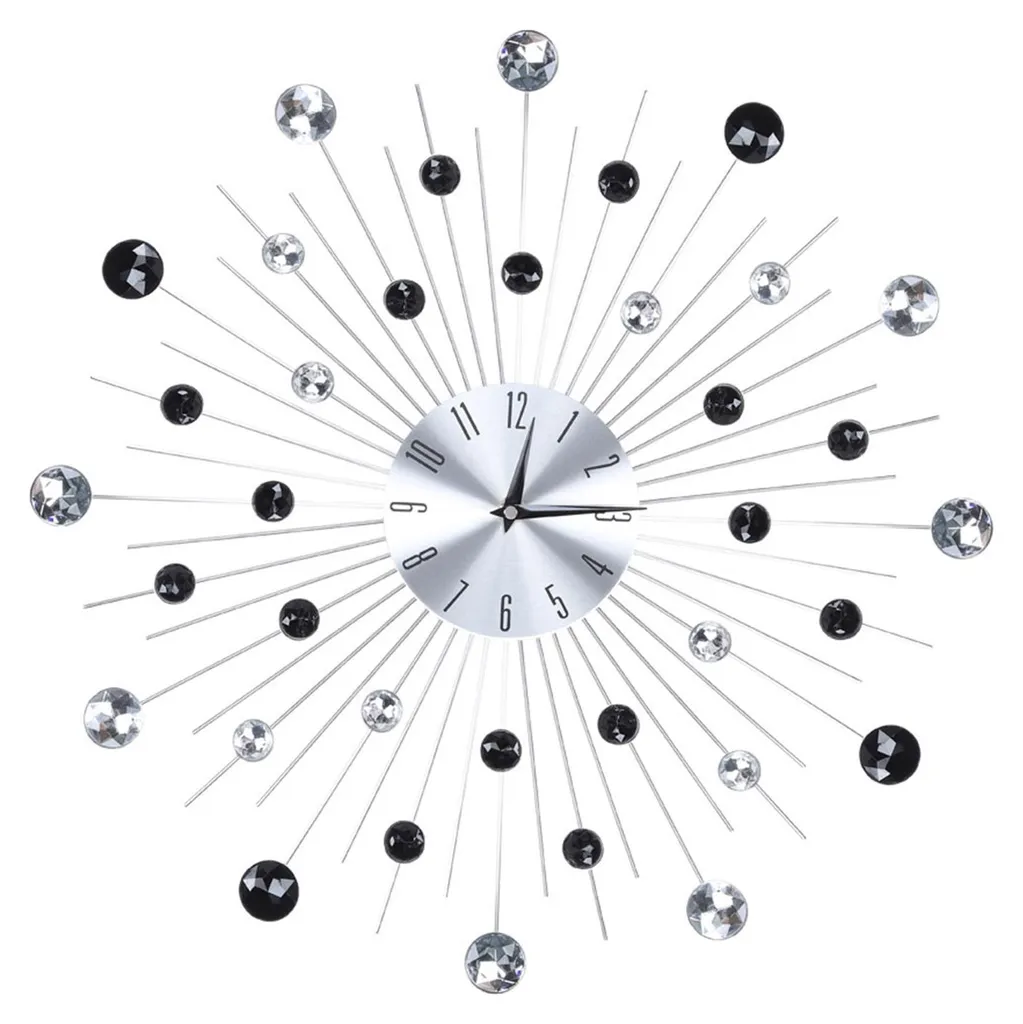 Horloge murale argent métallique et strass noirs pour salon chic