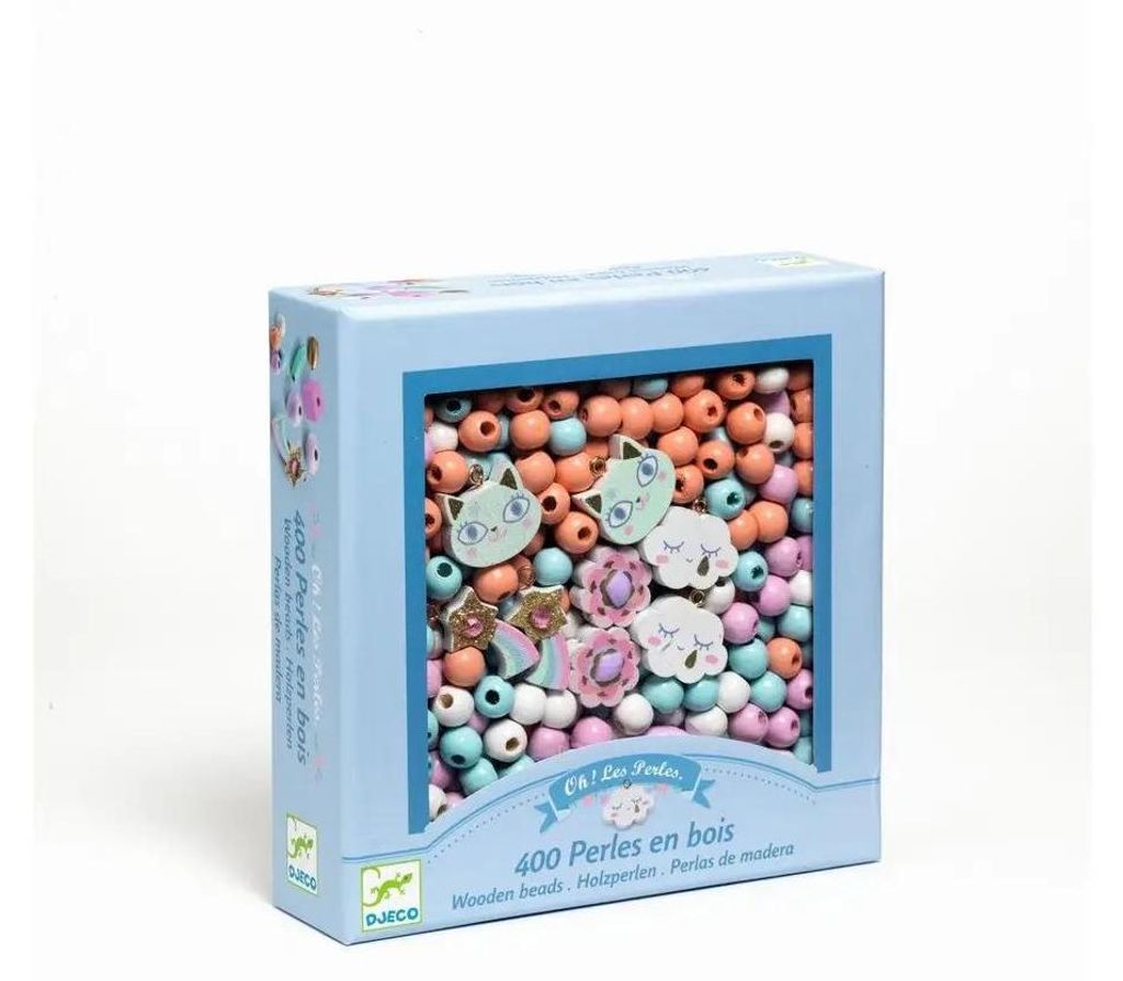 A box of wooden beads for jewelry making, with a clear window showing the contents.