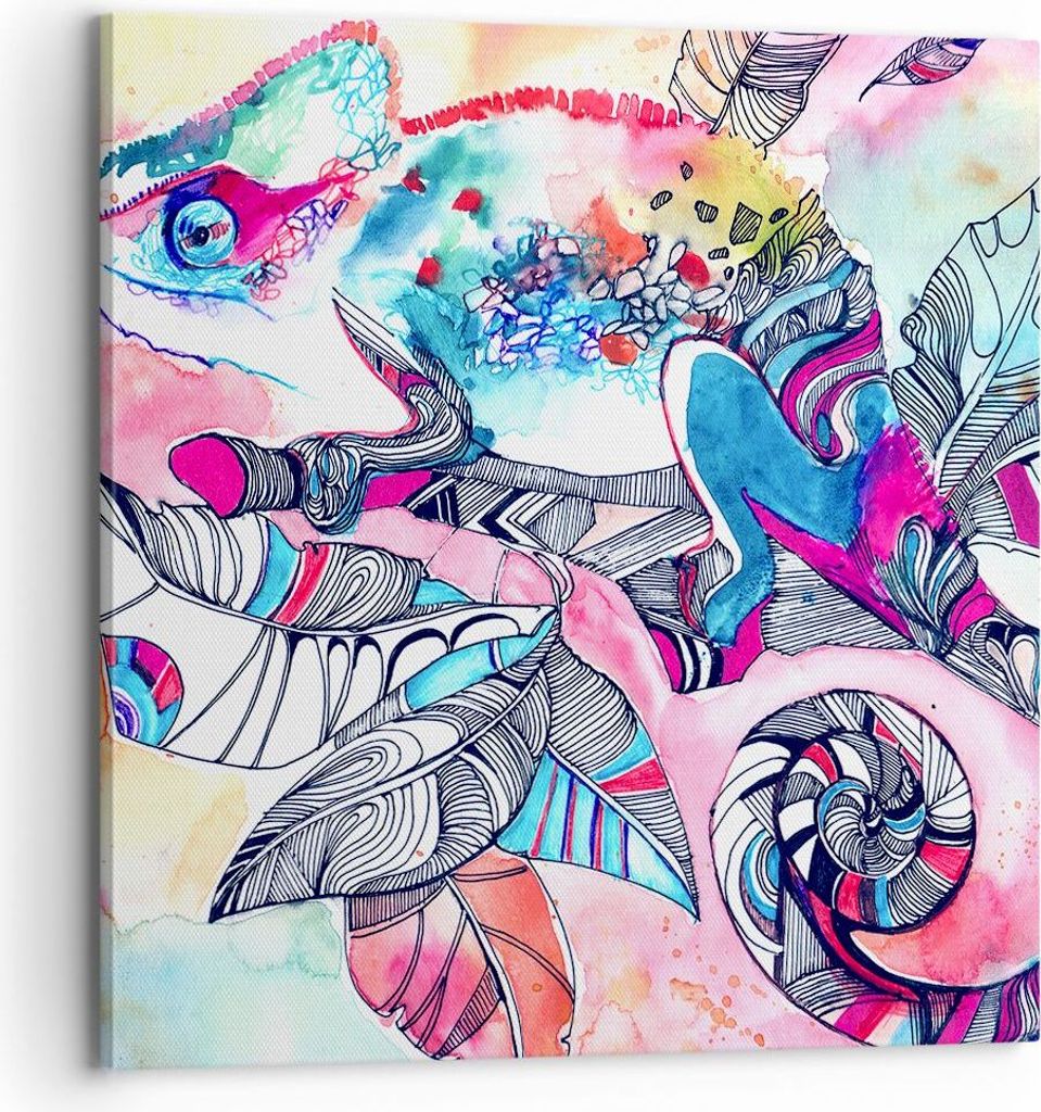 Bild auf Leinwand - Leinwandbild - Chamäleon Tierwelt Zweig - 70x70cm - Wand Bild - Wanddeko - Leinwanddruck - Bilder - Kunstdruck - Wanddekoratio...