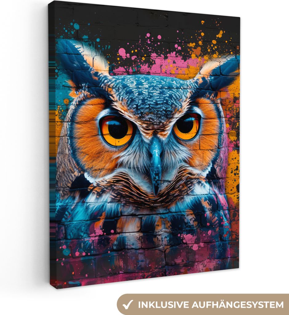 MuchoWow - Leinwandbilder - Eule - Vogel - Bunt - Graffiti - Kunst, Wandbild, Wanddeko Bilder Wohnzimmer, 30x40 cm