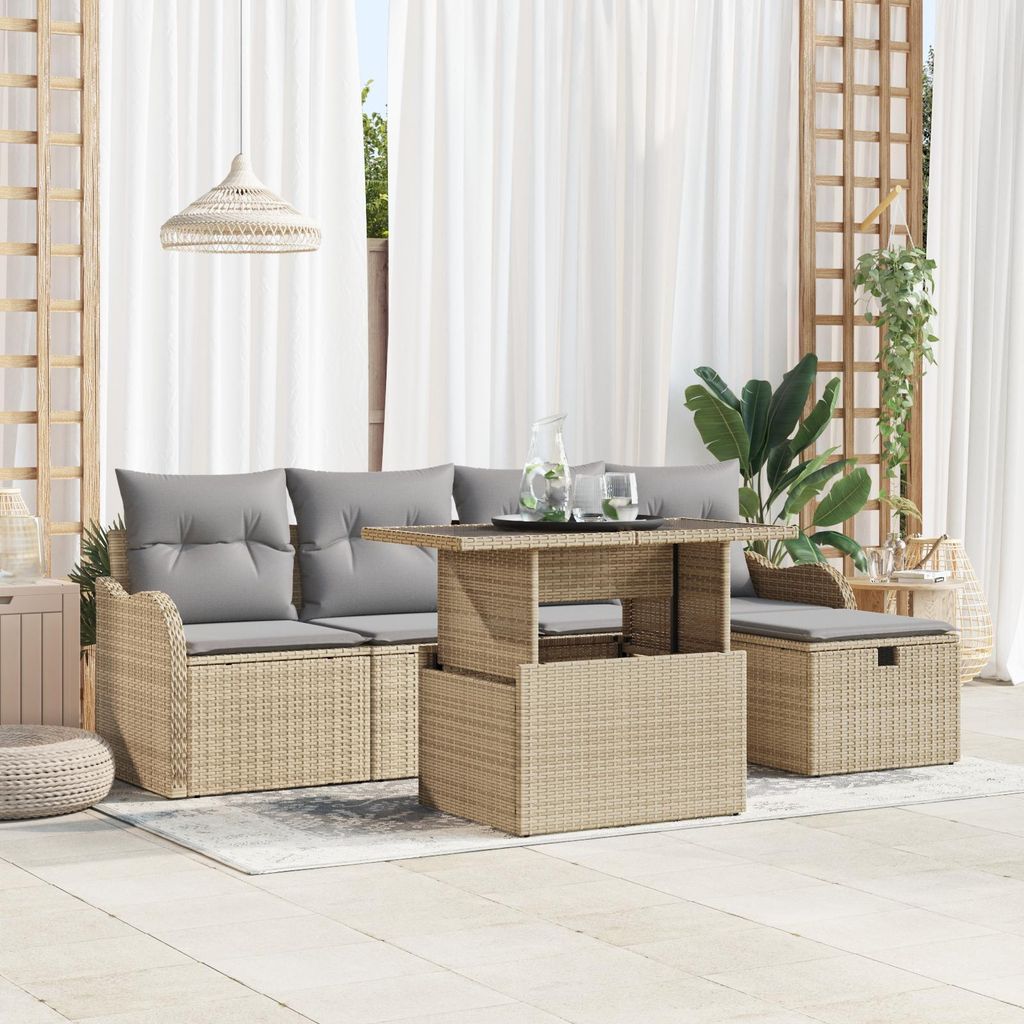 6-tlg. Garten-Sofagarnitur mit Kissen Beige Poly Rattan, Design Gartensofas Neu