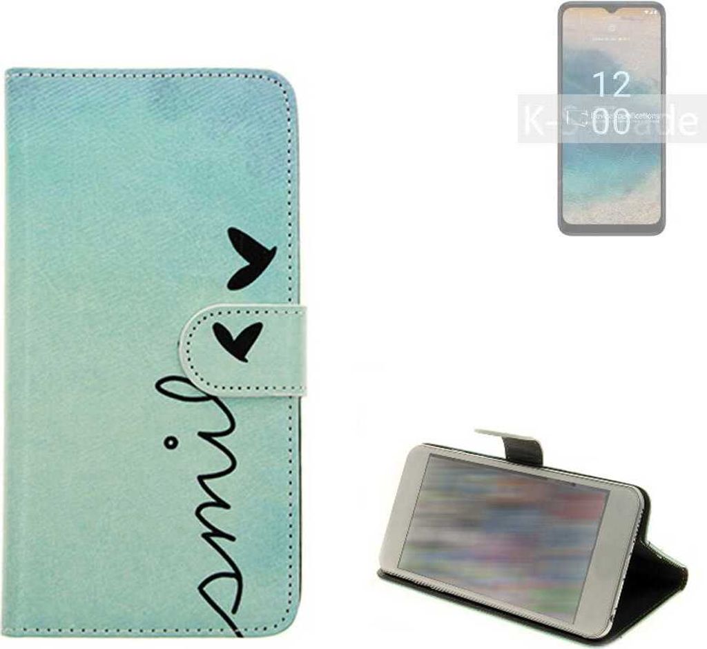 K-S-Trade Schutz Hülle Handy Hülle kompatibel mit Nokia G22 Hülle Handyhülle cover bookstyle Etui Handyhülle “smile“ türkis Standfunktion