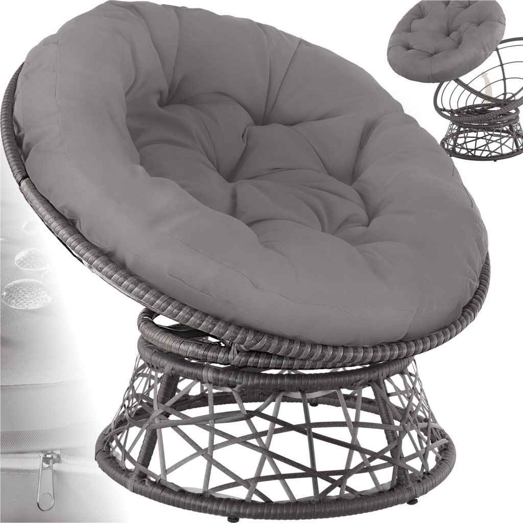 A gray papasan chair with a cushion, shown from a front-facing angle.