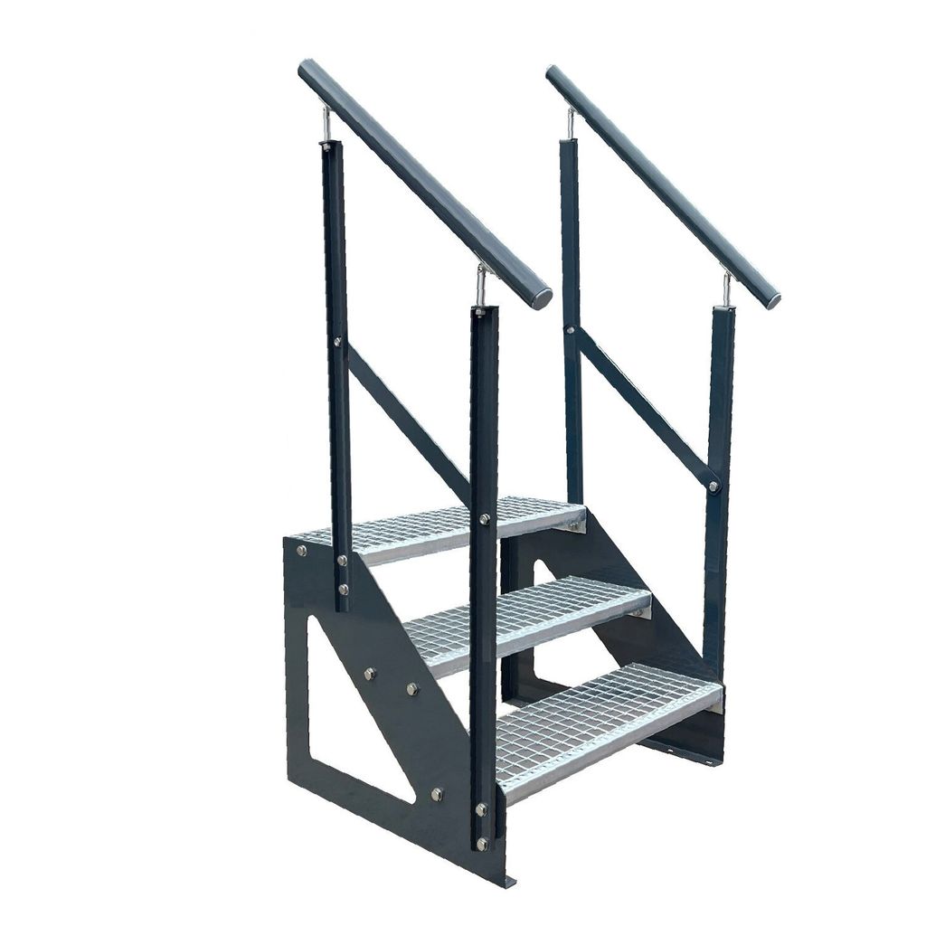 Gitterrost Stahl Freistehende Treppe 3 Stufen Verzinkt & Anthrazit Pulverlackierte Seiten + beidseitigem Geländer - (L x B x H) 63cm x 60cm x 57cm