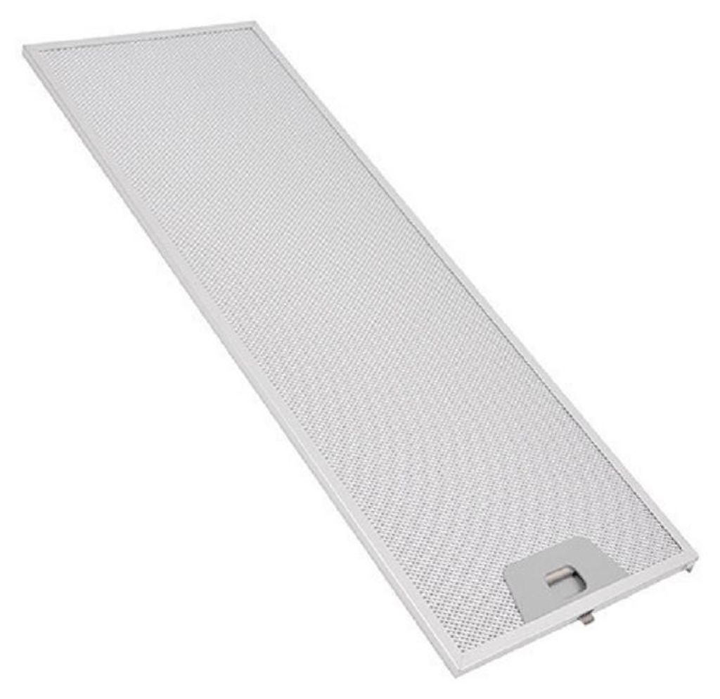 A silver metal range hood filter is shown against a white background.