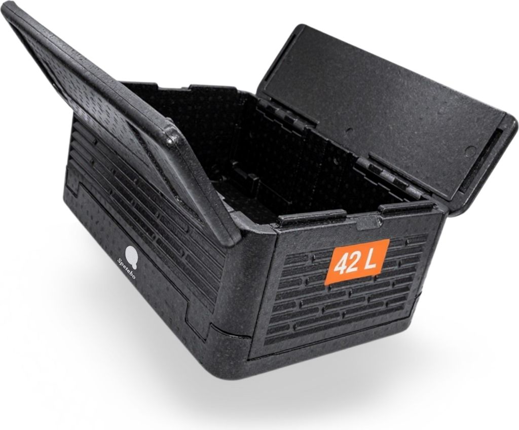 A black foldable thermobox with its lid open, shown on a white background.