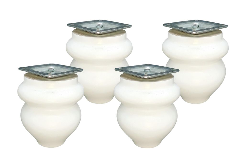 Four white furniture legs with silver tops are arranged in a cluster on a white background.