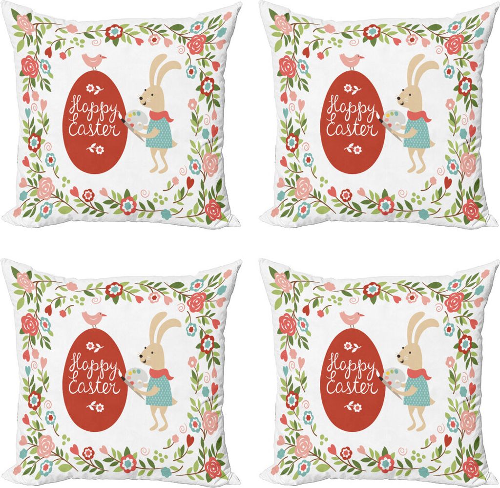 ABAKUHAUS Ostern Kissenbezug Set (4 Stück), Ei-Häschen Bloom Blumenfeld, Moderner Doppelseitiger Digitaldruck, 50 cm x 50 cm, Rot und Coral