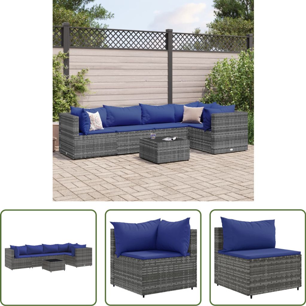 The Living Store 6-tlg. Garten-Lounge-Set mit Kissen Grau Poly Rattan