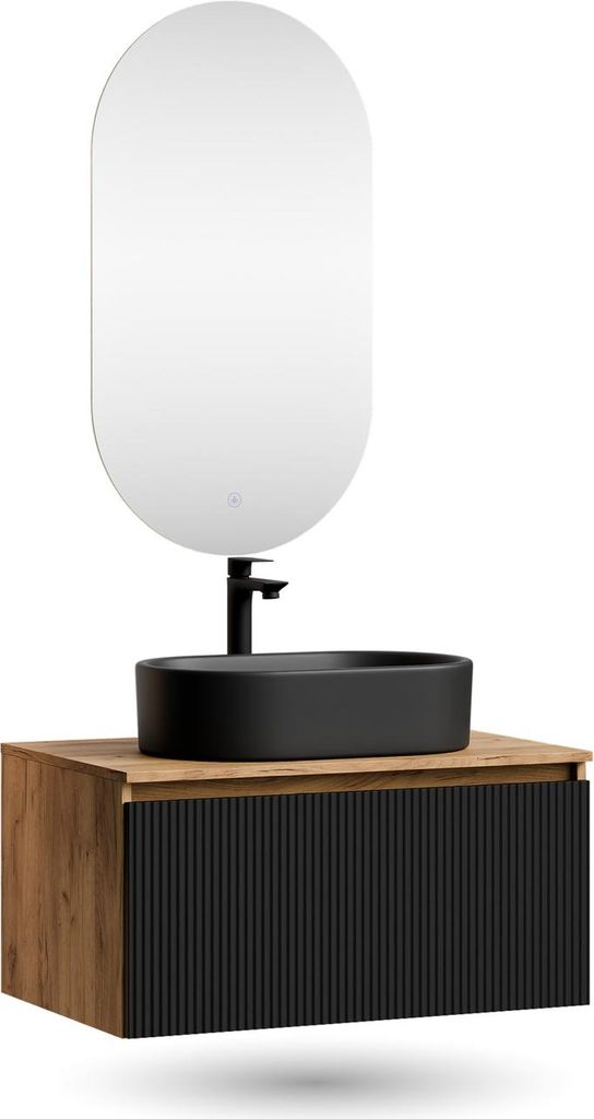 Planetmöbel ARISA Badmöbel Set in Schwarz Geriffelt - Mit LED Spiegel und schwarzem Keramik-Aufsatzwaschbecken 55 cm