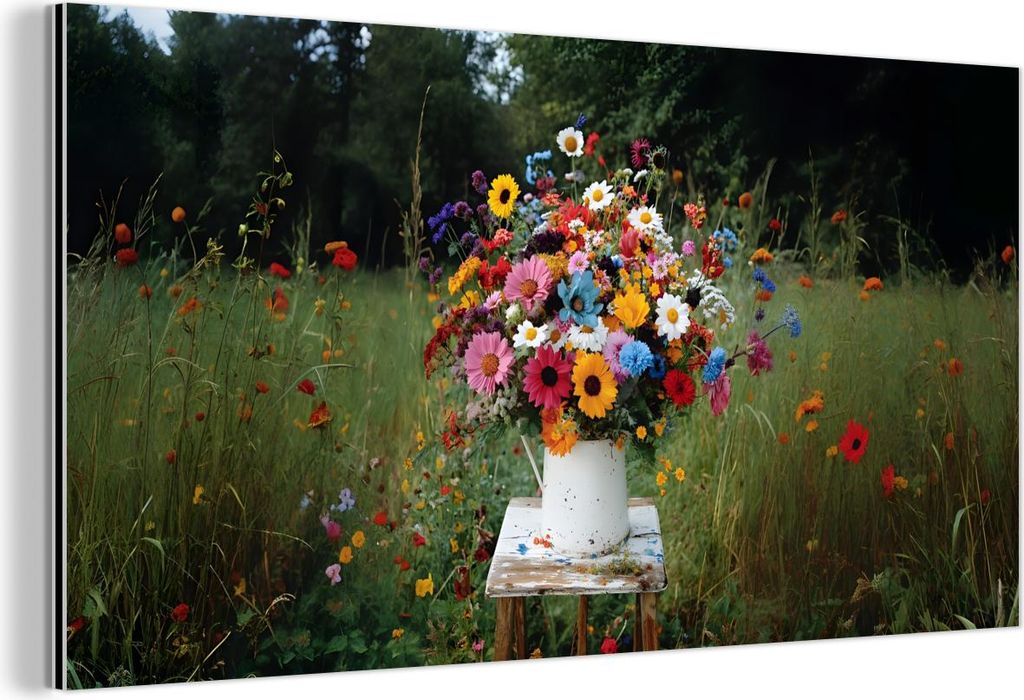 MuchoWow Wanddekoration Metall Metallbild Wandkunst 40x20 cm Blumen - Hocker - Gießkanne - Feld MuchoWow Aluminium Gemälde - Bild - Aluminium