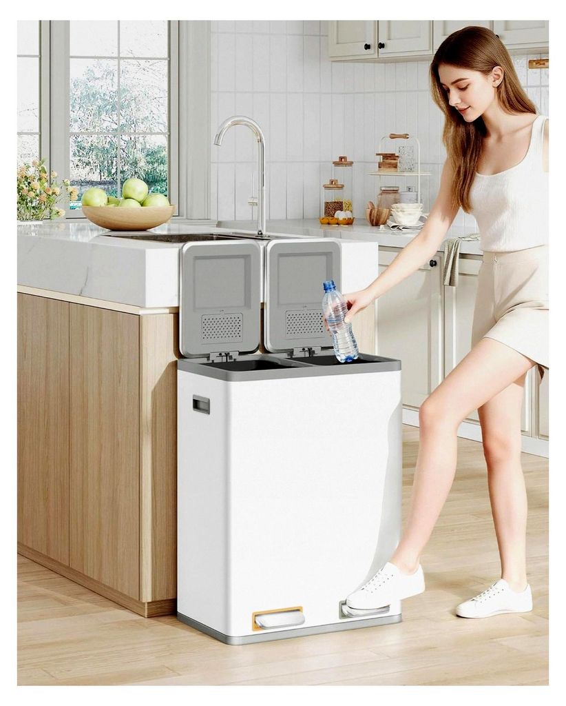 Mülleimer für die Küche, Mülltrennsystem mit 2 Fächern 60L (2 x 30 L), Edelstahl-Mülleimer mit farbcodierten Pedalen, Abfalleimer mit leisem,...