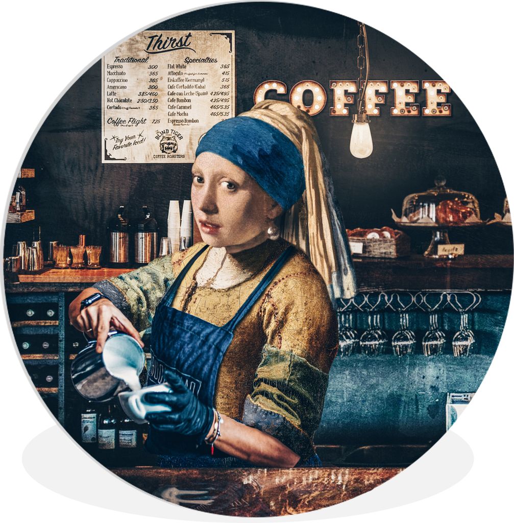 MuchoWow Rundes Wandbild - Runde Bilder Kaffee - Mädchen mit Perlenohrring - Barista - Vermeer - Cappuccino - Gemälde Ø 90 cm Kreis Wanddekora...