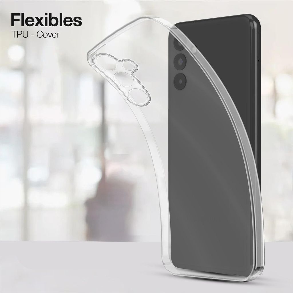 A clear phone case is shown on a table with a blurred background.