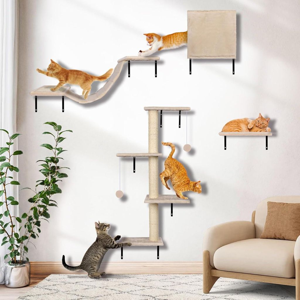 Katzen Klimwand für die Wand - 10-teiliges Wandkratzbrett mit Hängebrücke und Sisal