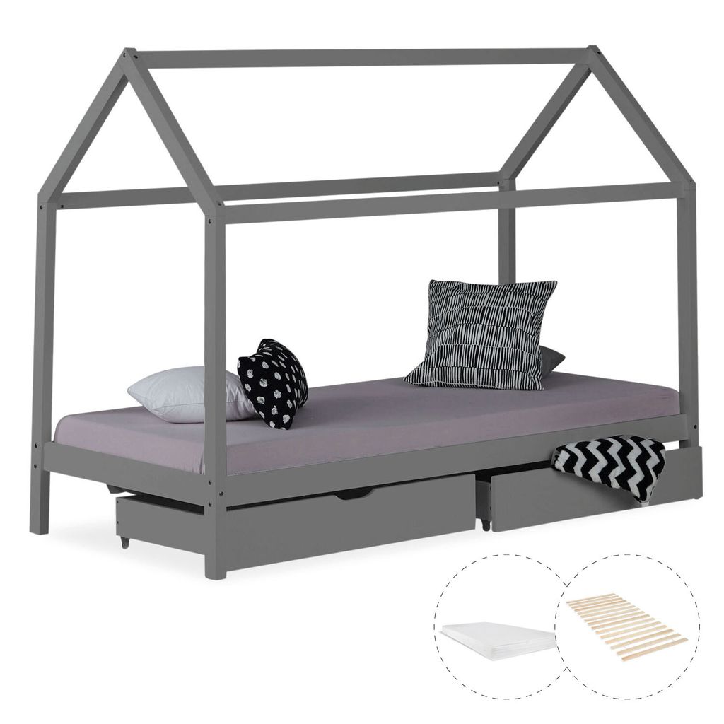 Homestyle4u Kinderbett 90x200 mit Matratze mit Standard 100 mit Standard 100 Kinderhaus Hausbett Grau mit Bettkasten